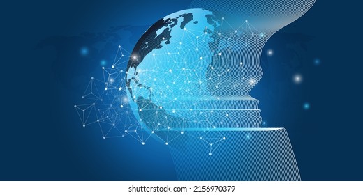 Abstract Machine Learning, Artificial Intelligence, Cloud Computing and Networks Design Concept with Human or Robot Silhouette, Earth Globe and Polygonal Geometric Network Mesh, Glowing Nodes Around