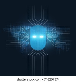 Abstract Machine Learning, Artificial Intelligence and Networks Design Concept with Network Mesh and Robot Head