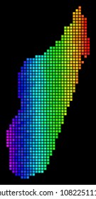 Abstract Madagascar Island Map. Vector geographic map in glossy spectrum color variations on a black background. Abstract Madagascar Island Map mosaic is formed with color rectangle spots.