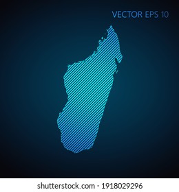 Abstract Madagascar map template made from blue diagonal lines on dark background. Vector illustration EPS10.