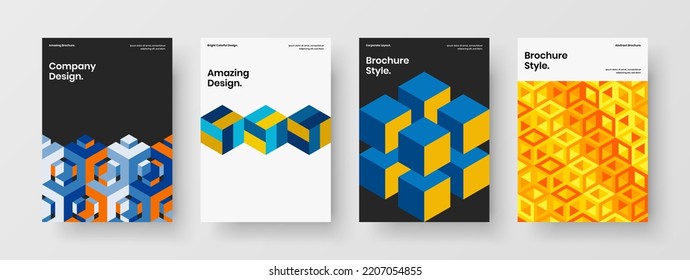 Abstract magazine cover A4 vector design illustration collection. Simple geometric hexagons company identity concept bundle.