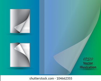 Abstract magazines with page curls and copyspace on blue - green background and transparent cover