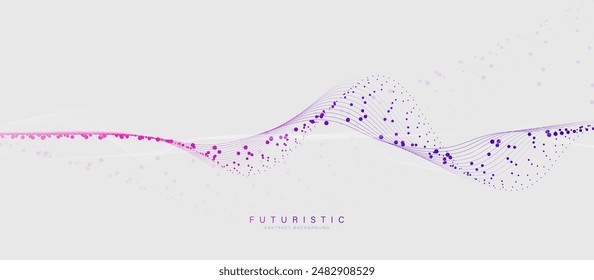 Abstract magenta and purple wavy particle lines on a white background. Technology connection, science and medicine concept.Vector illustration