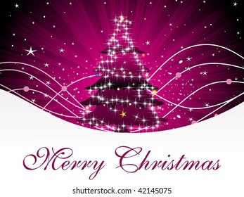 abstract magenta rays background with decorated xmas tree