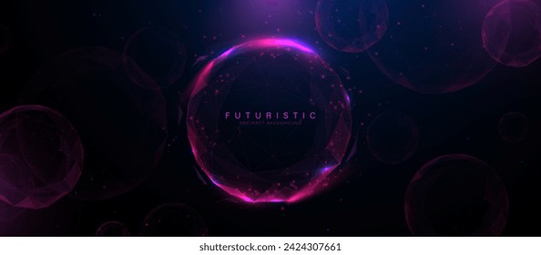Abstract magenta Spheres in a dark background. Abstract globe connection technology. Abstract molecule. Low poly wireframe, lines. Illustration vector Vektor Stok