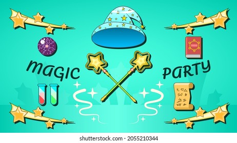 Abstract Magic Background Party Hat Flaks Book Magic Wand Vector Design Style