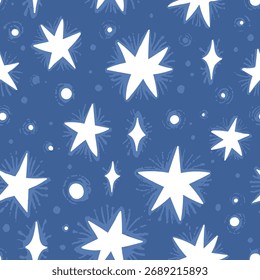 Abstrato céu cósmico mágico em cores brancas e azuis. Mão vetor desenhado padrão sem costura com estrelas brancas e cristais. Design para impressão têxtil, preenchimento de página, papel de embrulho, teia, tampa