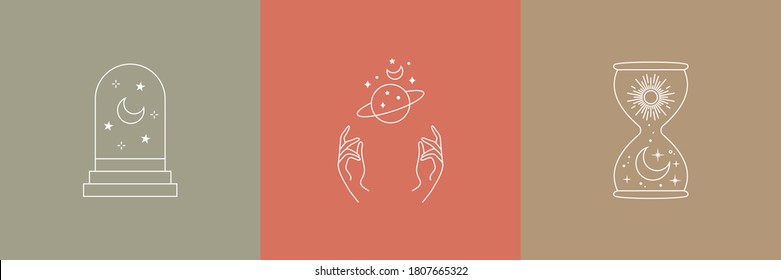 Abstract magic doodle logos. Boho linear emblems door moon sun sand clock, simple astrology concept. Modern vector illustration.