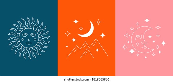 Abstract magic doodle set. Simple esoteric line logo icons moon sun stars mountains, modern astrology concept. Bohemian vector illustration