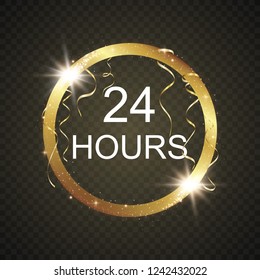 Abstract magic glowing golden banner. The magic circle. 24 hours. Round golden shiny frame with light bursts. Golden dust on a festive banner.