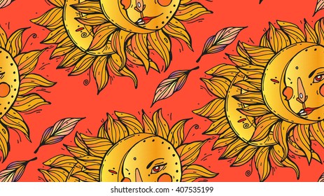 Abstract magic   hand drawn  bright warm seamless pattern.Sun and moon on red background.Alchemy, religion, spirituality, occultism, textiles art. 