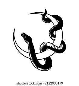 Abstract magic illustration with celestial snake and the moon. Vector illustration isolated on white background. Boho trendy esoteric serpent symbol for tattoo, poster print, fashion, fabric, textile