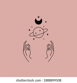 Abstract magic moon logo. Boho linear sign mystic hands holding moon planet stars, simple astrology vector design