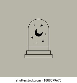 Abstract magic moon logo. Boho linear sign mystic stairs with stars, simple astrology design. Vector illustration