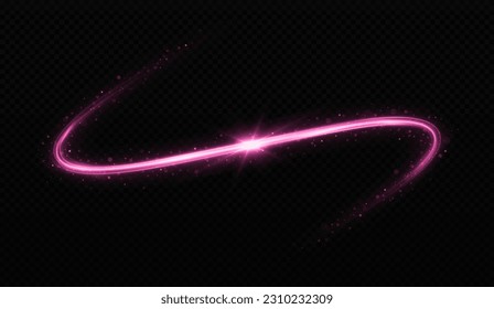 Abstract magic motion lines. Neon glowing lines with light effect. Glittering dust light trail. Shiny wave design element with sparkles and particles.