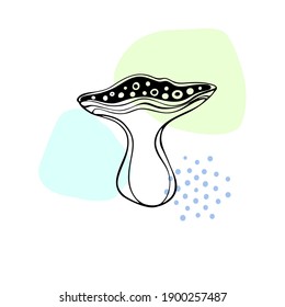 Abstract magic mushroom in hand drawn style. Line art. The Continuous Line Contour. Vector illustration on colourful blobs.