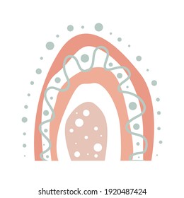 Resumen de diseño de arco iris mágico. Con líneas onduladas de hooligan y puntos. Colores pasteles, azules, rosados. Para la decoración de la habitación de los niños en estilo escandinavo, pancarta, postal, invitación. Vector.