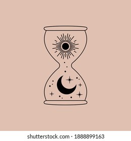 Abstract magic sandglass logo. Boho linear emblem, mystic hourglass moon sun stars, simple astrology design. Vector