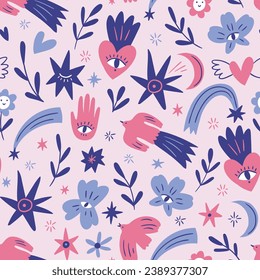 Abstract magic seamless pattern designb for Valentines day. Esoteric  pattern design with eyes and stars. Funny fabric design