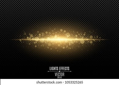 Abstract magic stylish light effect on a transparent background. Gold flash. Luminous dust and glares bokeh. Flash Light. luminous trail. Vector illustration. EPS 10