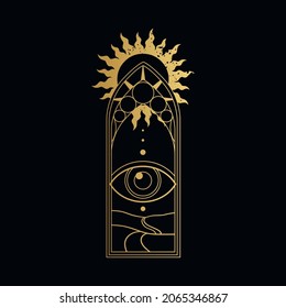 Abstract magic symbols, eye, window, path, sun. Vector illustration