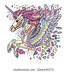 Resumen de unicornio mágico con alas y elementos de garabatos. Ilustración de color vectorial aislada en fondo blanco. Diseño, impresión, decoración, tatuaje, camiseta, rompecabezas, póster, porcelana, pegatinas