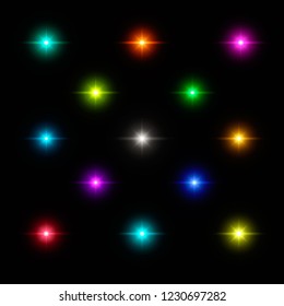 Abstract magic vector dark background of sparkling stars. Shiny confetti, glitter elements with light effect. New Year, Christmas holiday illustration. EPS10.