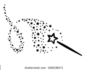 Abstract magic wand simple pointer, cursor design. Magic stick icon black on white with tail of stars headed on left.
