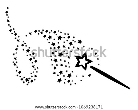 Abstract magic wand simple pointer, cursor design. Magic stick icon black on white with tail of stars headed on left.