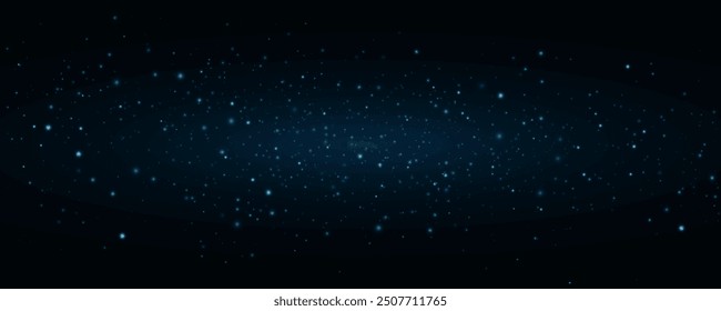 Abstract magical dust with flying lights bokeh on black background. Stardust glowing in the night. Light effects. Black outer space. Vector illustration. EPS 10.