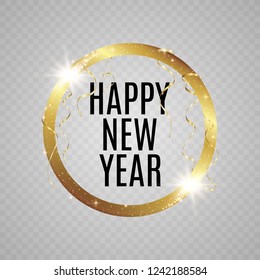 Abstract magical glowing golden banner.Magic circle. Merry Christmas. Round gold shiny frame with light bursts. Gold dust on celebratory banner.