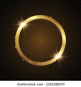 Abstract magical glowing golden banner.Magic circle. Merry Christmas. Round gold shiny frame with light bursts. Gold dust on celebratory banner.