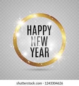 Abstract magical glowing golden banner.Magic circle. Merry Christmas. Round gold shiny frame with light bursts. Gold dust on celebratory banner.