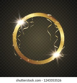 
Abstract magical glowing golden banner.Magic circle. Merry Christmas. Round gold shiny frame with light bursts. Gold dust on celebratory banner