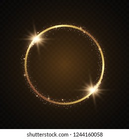 Abstract magical glowing golden banner.Magic circle. Merry Christmas. Round gold shiny frame with light bursts. Gold dust on celebratory banner