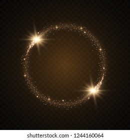 Abstract magical glowing golden banner.Magic circle. Merry Christmas. Round gold shiny frame with light bursts. Gold dust on celebratory banner