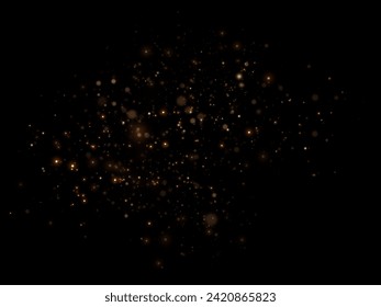 Abstract magical light dust effect with golden bokeh highlights on a black background. Christmas lights. Glowing flying dust. Vector illustration