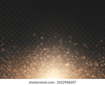 Abstract magical light dust effect with golden bokeh highlights on a black background. Christmas lights. Glowing flying dust. Vector illustration	
