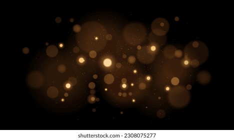 Resumen del efecto mágico de la luz con glares voladores dorados bokeh aislados en un fondo negro. Luces navideñas con partículas brillantes. Ilustración vectorial. EPS 10.