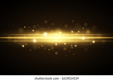 Abstract magical stylish light effect on a black background. Golden flash with glares bokeh. Christmas glow. Glowing flying dust. Vector illustration. EPS 10