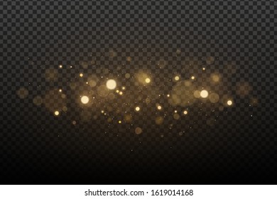 Abstract magical stylish light effect with golden glares bokeh on a transparent background. Christmas glow. Glowing flying dust. Vector illustration. EPS 10