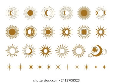 Abstract magical sun. Graphic golden sun, sunrise elements, moon and stars. Astrology mystical decorative symbols. Day and night sign isolated on white background vector. Esoteric sun rays icons