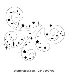 Espiral mágico abstrato com estrelas cintilantes. Design decorativo de fantasia starburst em estilo de arte de linha preto e branco para temas de feitiço ou encantamento.