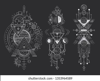 Abstract magical tattoo. Sacred geometric moon, mystic revelation arrows lines and mysticism harmony hand drawn. Illuminati or masonic tatoo, alchemy esoteric paranormal occult vector illustration