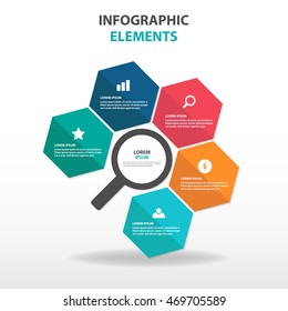 Abstract magnifier with hexagon business Infographics elements, presentation template flat design vector illustration for web design marketing advertising