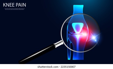 Abstract Magnifying Glass. Bone, Knee part Anatomy X-ray model showing knee injury with red light. For inserting text, articles or templates.