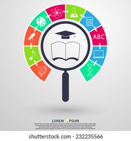 abstract magnifying glass with infographic education icons inside. Education concept with icons and text