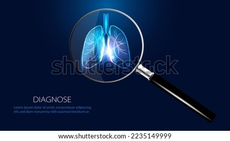 Abstract, magnifying glass and lungs. Lung disease concept. Causes of disease. Search for disease. Tuberculosis. Lung cancer. On blue and black background. Modern futurism.
