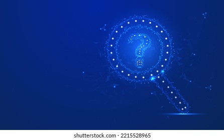 Abstract magnifying glass symbol low poly design with question mark analysis tool concept. Blue research magnifier wireframe vector.