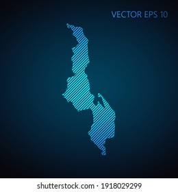 Abstract Malawi map template made from blue diagonal lines on dark background. Vector illustration EPS10.